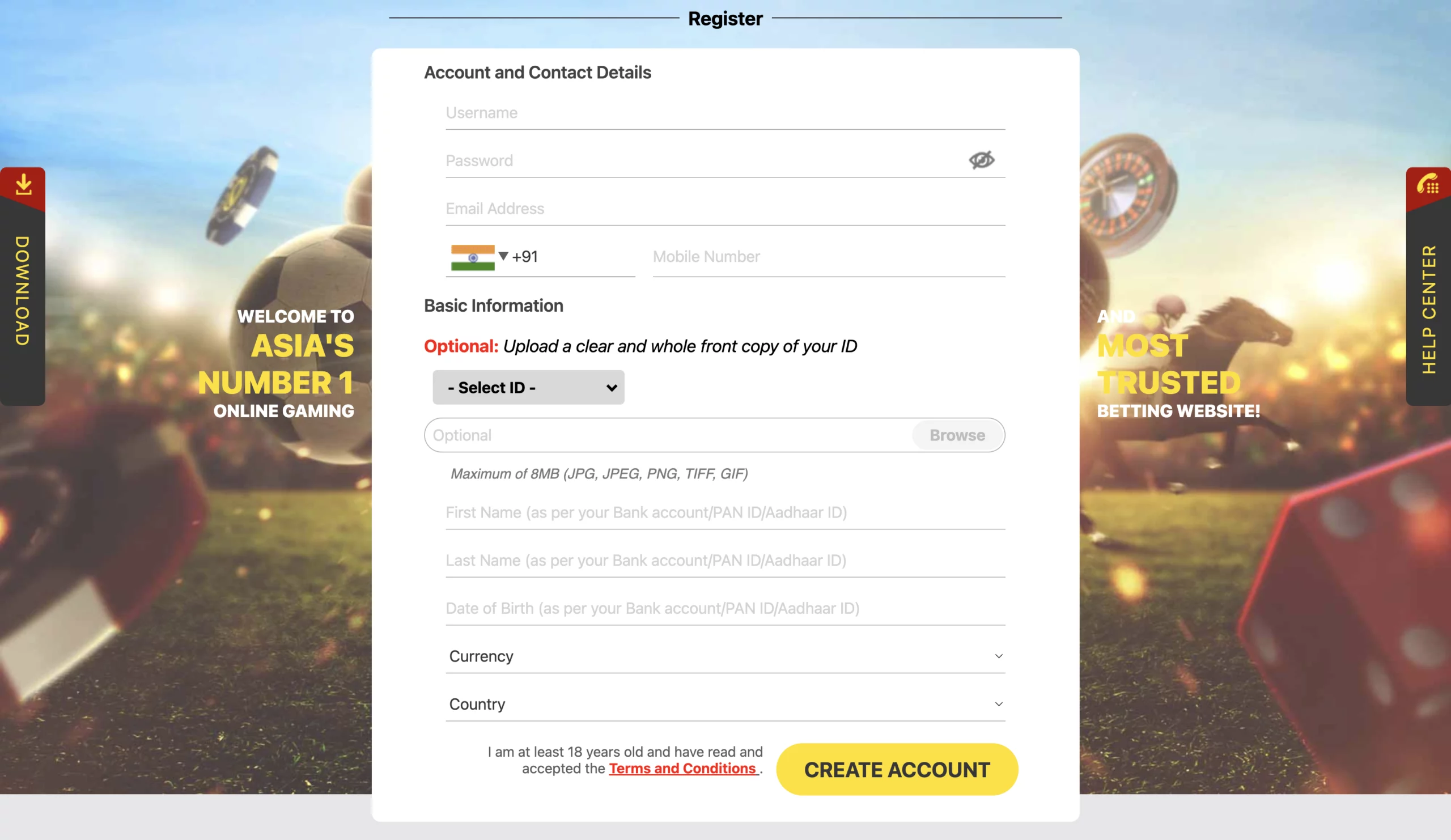 Dafabet's registration form.