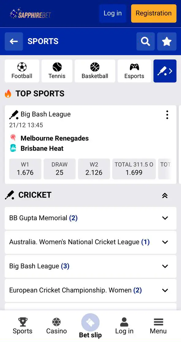 Sapphirebet's cricket betting market.