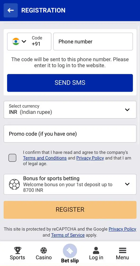 Sapphirebet registration form.