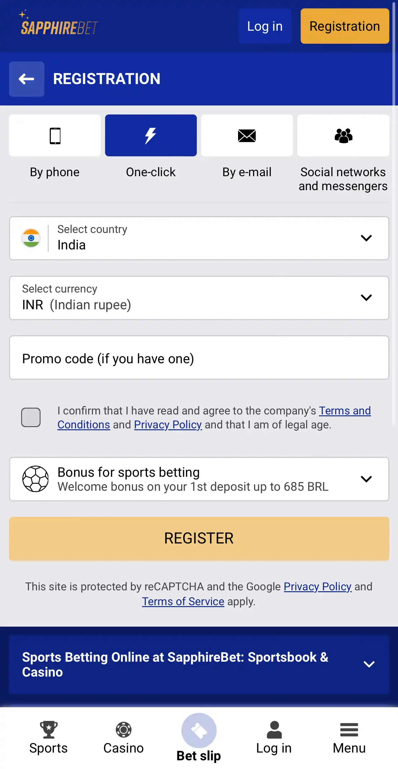 Registration in the SapphireBet mobile app.