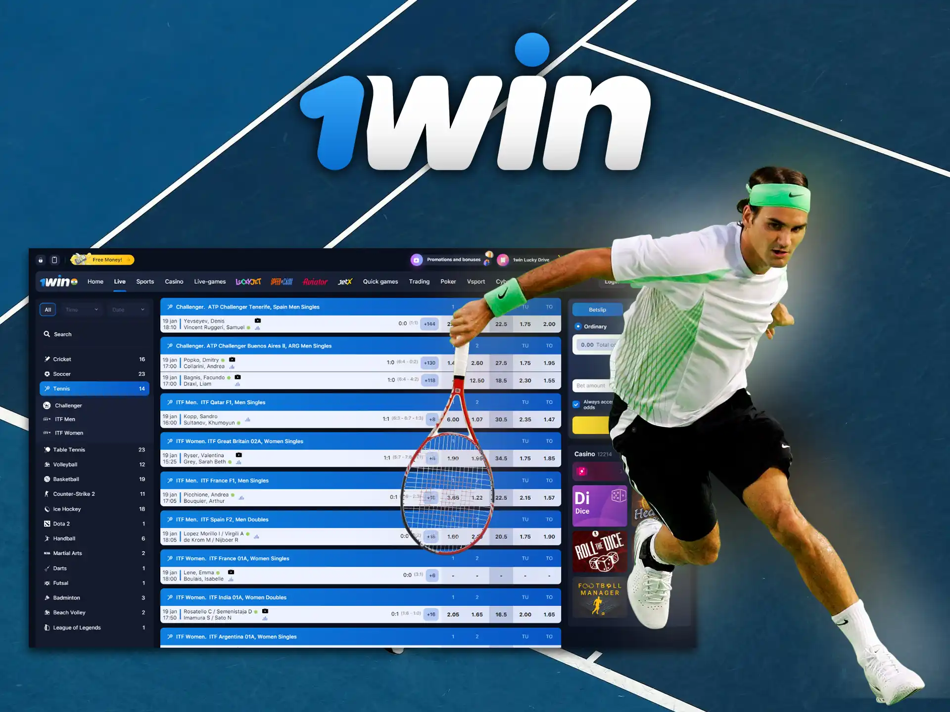 Follow the world tennis tournaments on 1Win.