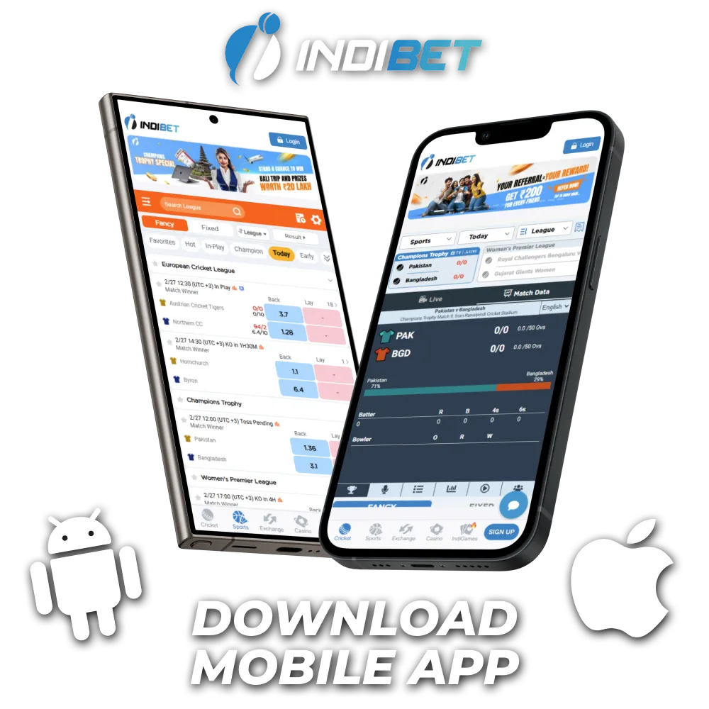 Install the Indibet app on Android or iOS for quick sports betting action.